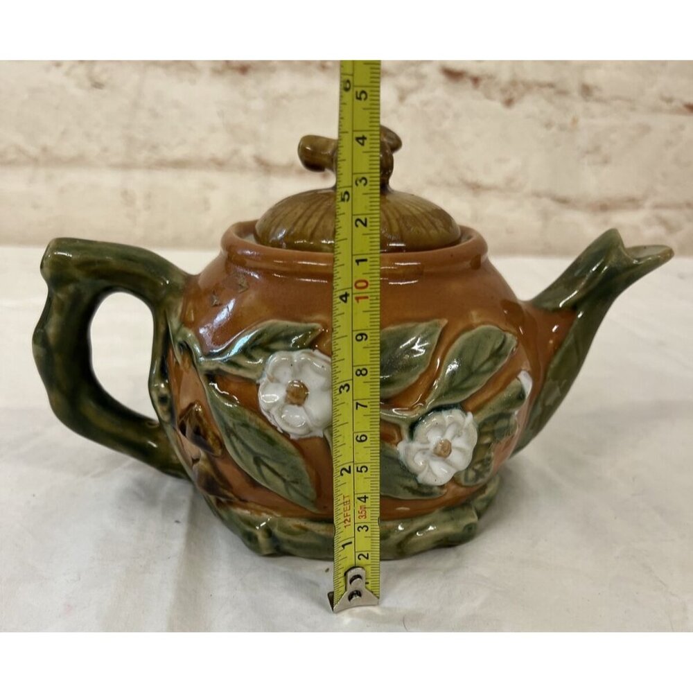 Teapot Mushroom Lid White Flowers Pottery Majolica Brown - Picture 10 of 11